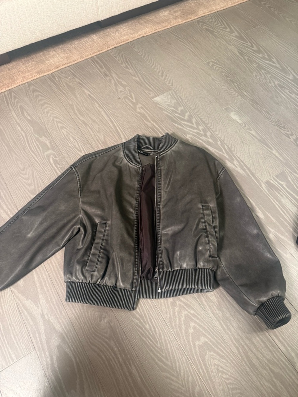 Zara Black Leather Bomber Jacket